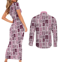 Vintage Aloha Block Quilt Couples Matching Short Sleeve Bodycon Dress and Long Sleeve Button Shirt Pink Inspired Lei Motifs - Polynesian Pride