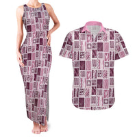 Vintage Aloha Block Quilt Couples Matching Tank Maxi Dress and Hawaiian Shirt Pink Inspired Lei Motifs - Polynesian Pride