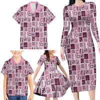 Vintage Aloha Block Quilt Family Matching Long Sleeve Bodycon Dress and Hawaiian Shirt Pink Inspired Lei Motifs LT9 - Polynesian Pride