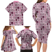 Vintage Aloha Block Quilt Family Matching Long Sleeve Bodycon Dress and Hawaiian Shirt Pink Inspired Lei Motifs LT9 - Polynesian Pride