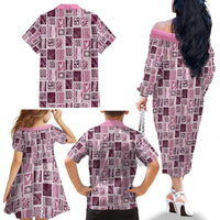 Vintage Aloha Block Quilt Family Matching Off The Shoulder Long Sleeve Dress and Hawaiian Shirt Pink Inspired Lei Motifs - Polynesian Pride