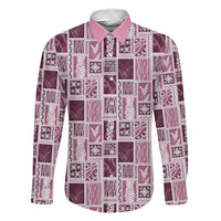 Vintage Aloha Block Quilt Family Matching Off Shoulder Short Dress and Hawaiian Shirt Pink Inspired Lei Motifs LT9 Dad's Shirt - Long Sleeve Pink - Polynesian Pride