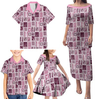 Vintage Aloha Block Quilt Family Matching Puletasi and Hawaiian Shirt Pink Inspired Lei Motifs - Polynesian Pride