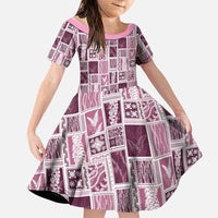 Vintage Aloha Block Quilt Family Matching Short Sleeve Bodycon Dress and Hawaiian Shirt Pink Inspired Lei Motifs LT9 Daughter's Dress Pink - Polynesian Pride