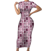 Vintage Aloha Block Quilt Family Matching Short Sleeve Bodycon Dress and Hawaiian Shirt Pink Inspired Lei Motifs LT9 Mom's Dress Pink - Polynesian Pride