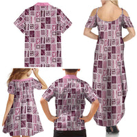Vintage Aloha Block Quilt Family Matching Summer Maxi Dress and Hawaiian Shirt Pink Inspired Lei Motifs - Polynesian Pride