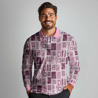 Vintage Aloha Block Quilt Long Sleeve Polo Shirt Pink Inspired Lei Motifs LT9 - Polynesian Pride