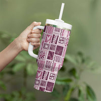 Vintage Aloha Block Quilt Tumbler With Handle Pink Inspired Lei Motifs - Polynesian Pride