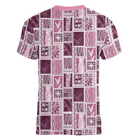 Vintage Aloha Block Quilt Women V-Neck T-Shirt Pink Inspired Lei Motifs LT9 - Polynesian Pride