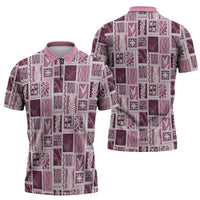 Vintage Aloha Block Quilt Zipper Polo Shirt Pink Inspired Lei Motifs LT9 - Polynesian Pride