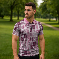 Vintage Aloha Block Quilt Zipper Polo Shirt Pink Inspired Lei Motifs LT9 - Polynesian Pride