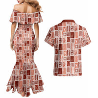 Vintage Aloha Block Quilt Couples Matching Mermaid Dress and Hawaiian Shirt Red Inspired Lei Motifs - Polynesian Pride