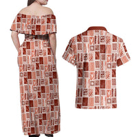 Vintage Aloha Block Quilt Couples Matching Off Shoulder Maxi Dress and Hawaiian Shirt Red Inspired Lei Motifs LT9 - Polynesian Pride