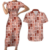 Vintage Aloha Block Quilt Couples Matching Short Sleeve Bodycon Dress and Hawaiian Shirt Red Inspired Lei Motifs - Polynesian Pride