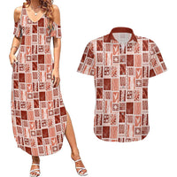 Vintage Aloha Block Quilt Couples Matching Summer Maxi Dress and Hawaiian Shirt Red Inspired Lei Motifs LT9 Red - Polynesian Pride