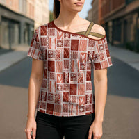 Vintage Aloha Block Quilt Cross Shoulder Shirt Red Inspired Lei Motifs - Polynesian Pride