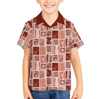 Vintage Aloha Block Quilt Family Matching Off The Shoulder Long Sleeve Dress and Hawaiian Shirt Red Inspired Lei Motifs - Polynesian Pride