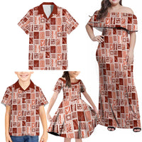 Vintage Aloha Block Quilt Family Matching Off Shoulder Maxi Dress and Hawaiian Shirt Red Inspired Lei Motifs - Polynesian Pride
