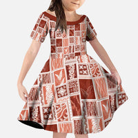 Vintage Aloha Block Quilt Family Matching Short Sleeve Bodycon Dress and Hawaiian Shirt Red Inspired Lei Motifs LT9 Daughter's Dress Red - Polynesian Pride