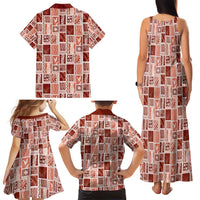 Vintage Aloha Block Quilt Family Matching Tank Maxi Dress and Hawaiian Shirt Red Inspired Lei Motifs - Polynesian Pride