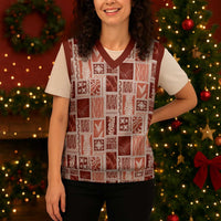Vintage Aloha Block Quilt Christmas Knitted V-Neck Vest Red Inspired Lei Motifs - Polynesian Pride