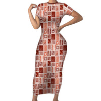 Vintage Aloha Block Quilt Short Sleeve Bodycon Dress Red Inspired Lei Motifs LT9 Long Dress Red - Polynesian Pride