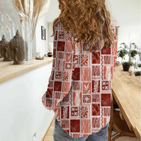 Vintage Aloha Block Quilt Women Casual Shirt Red Inspired Lei Motifs LT9 - Polynesian Pride