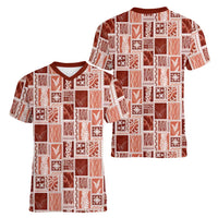 Vintage Aloha Block Quilt Women V-Neck T-Shirt Red Inspired Lei Motifs LT9 - Polynesian Pride