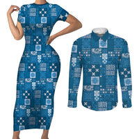 Vintage Hawaiian Quilting Patterns Couples Matching Short Sleeve Bodycon Dress and Long Sleeve Button Shirt Blue Style Tribal Fabric Patchwork - Polynesian Pride