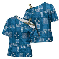 Vintage Hawaiian Quilting Patterns Cross Shoulder Shirt Blue Style Tribal Fabric Patchwork LT9 - Polynesian Pride