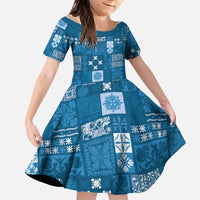 Vintage Hawaiian Quilting Patterns Family Matching Long Sleeve Bodycon Dress and Hawaiian Shirt Blue Style Tribal Fabric Patchwork LT9 Daughter's Dress Blue - Polynesian Pride