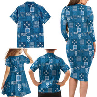 Vintage Hawaiian Quilting Patterns Family Matching Long Sleeve Bodycon Dress and Hawaiian Shirt Blue Style Tribal Fabric Patchwork - Polynesian Pride