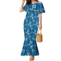 Vintage Hawaiian Quilting Patterns Family Matching Mermaid Dress and Hawaiian Shirt Blue Style Tribal Fabric Patchwork LT9 Mom's Dress Blue - Polynesian Pride