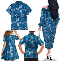Vintage Hawaiian Quilting Patterns Family Matching Off The Shoulder Long Sleeve Dress and Hawaiian Shirt Blue Style Tribal Fabric Patchwork LT9 - Polynesian Pride