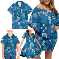 Vintage Hawaiian Quilting Patterns Family Matching Off Shoulder Short Dress and Hawaiian Shirt Blue Style Tribal Fabric Patchwork LT9 - Polynesian Pride
