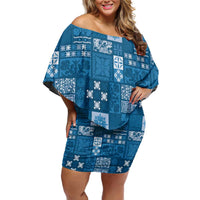 Vintage Hawaiian Quilting Patterns Family Matching Off Shoulder Short Dress and Hawaiian Shirt Blue Style Tribal Fabric Patchwork LT9 Mom's Dress Blue - Polynesian Pride