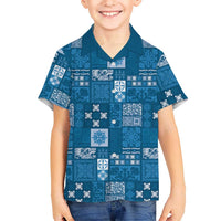 Vintage Hawaiian Quilting Patterns Family Matching Off Shoulder Short Dress and Hawaiian Shirt Blue Style Tribal Fabric Patchwork LT9 Son's Shirt Blue - Polynesian Pride