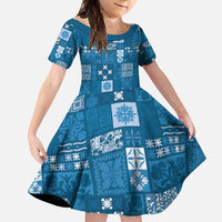 Vintage Hawaiian Quilting Patterns Family Matching Short Sleeve Bodycon Dress and Hawaiian Shirt Blue Style Tribal Fabric Patchwork LT9 Daughter's Dress Blue - Polynesian Pride