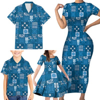 Vintage Hawaiian Quilting Patterns Family Matching Short Sleeve Bodycon Dress and Hawaiian Shirt Blue Style Tribal Fabric Patchwork LT9 - Polynesian Pride