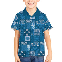 Vintage Hawaiian Quilting Patterns Family Matching Short Sleeve Bodycon Dress and Hawaiian Shirt Blue Style Tribal Fabric Patchwork LT9 Son's Shirt Blue - Polynesian Pride