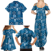 Vintage Hawaiian Quilting Patterns Family Matching Summer Maxi Dress and Hawaiian Shirt Blue Style Tribal Fabric Patchwork - Polynesian Pride