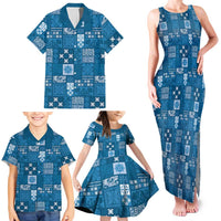 Vintage Hawaiian Quilting Patterns Family Matching Tank Maxi Dress and Hawaiian Shirt Blue Style Tribal Fabric Patchwork LT9 - Polynesian Pride