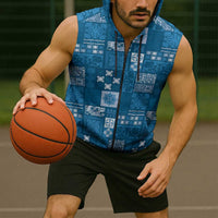 Vintage Hawaiian Quilting Patterns Sleeveless Zip Hoodie Blue Style Tribal Fabric Patchwork - Polynesian Pride