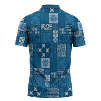 Vintage Hawaiian Quilting Patterns Zipper Polo Shirt Blue Style Tribal Fabric Patchwork - Polynesian Pride
