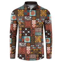 Vintage Hawaiian Quilting Patterns Button Sweatshirt Brown Style Tribal Fabric Patchwork - Polynesian Pride