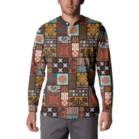 Vintage Hawaiian Quilting Patterns Button Sweatshirt Brown Style Tribal Fabric Patchwork - Polynesian Pride