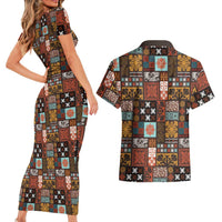 Vintage Hawaiian Quilting Patterns Couples Matching Short Sleeve Bodycon Dress and Hawaiian Shirt Brown Style Tribal Fabric Patchwork LT9 - Polynesian Pride