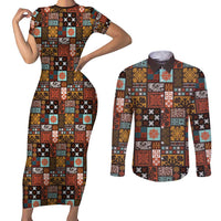 Vintage Hawaiian Quilting Patterns Couples Matching Short Sleeve Bodycon Dress and Long Sleeve Button Shirt Brown Style Tribal Fabric Patchwork - Polynesian Pride
