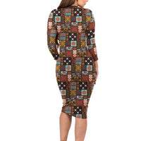 Vintage Hawaiian Quilting Patterns Family Matching Long Sleeve Bodycon Dress and Hawaiian Shirt Brown Style Tribal Fabric Patchwork LT9 - Polynesian Pride