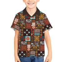 Vintage Hawaiian Quilting Patterns Family Matching Off The Shoulder Long Sleeve Dress and Hawaiian Shirt Brown Style Tribal Fabric Patchwork - Polynesian Pride
